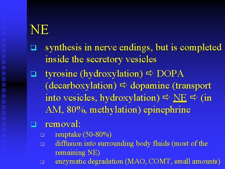 NE synthesis in nerve endings, but is completed inside the secretory vesicles tyrosine (hydroxylation)