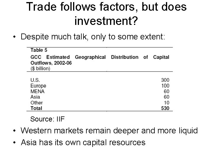 Trade follows factors, but does investment? • Despite much talk, only to some extent: