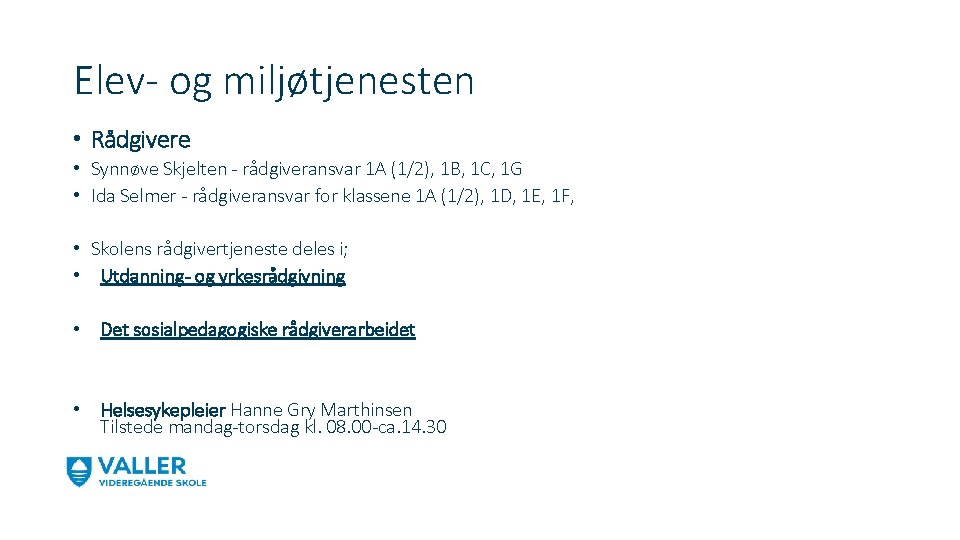 Elev- og miljøtjenesten • Rådgivere • Synnøve Skjelten - rådgiveransvar 1 A (1/2), 1