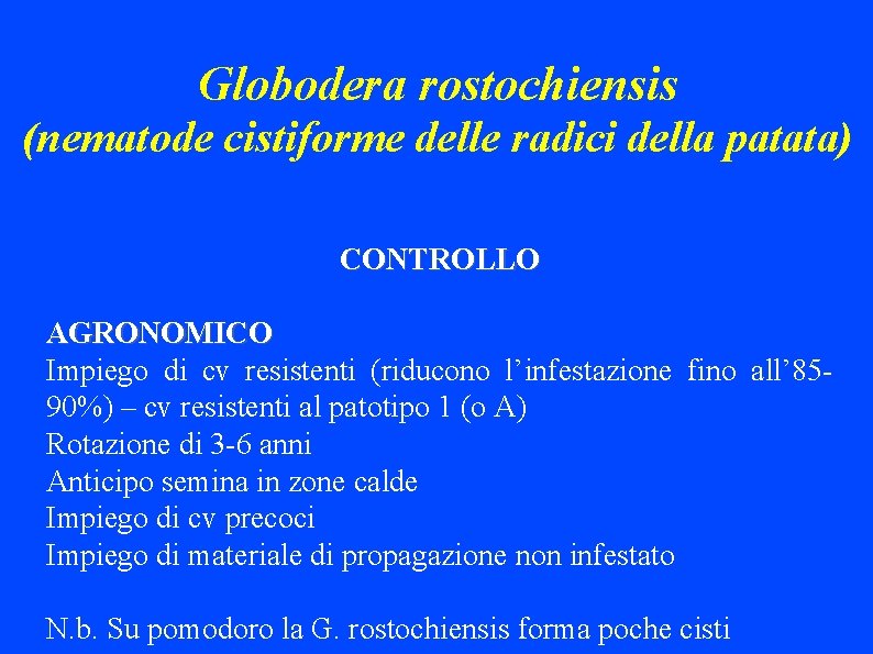 Globodera rostochiensis (nematode cistiforme delle radici della patata) CONTROLLO AGRONOMICO Impiego di cv resistenti