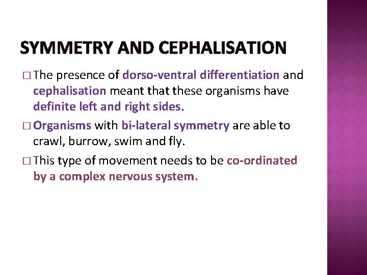 SYMMETRY AND CEPHALISATION � The presence of dorso-ventral differentiation and cephalisation meant that these