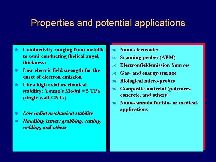 Properties and potential applications Conductivity ranging from metallic to semi-conducting (helical angel, thickness) l