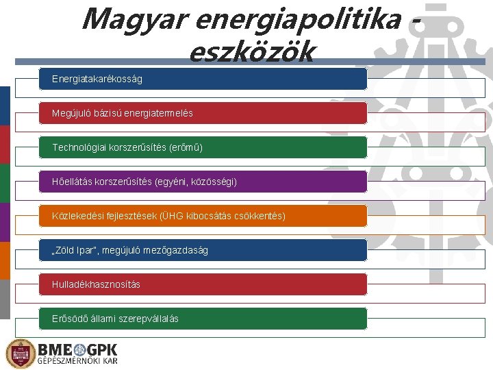 Magyar energiapolitika eszközök Energiatakarékosság Megújuló bázisú energiatermelés Technológiai korszerűsítés (erőmű) Hőellátás korszerűsítés (egyéni, közösségi)