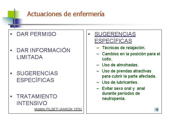 Actuaciones de enfermería • DAR PERMISO • DAR INFORMACIÓN LIMITADA • SUGERENCIAS ESPECÍFICAS •