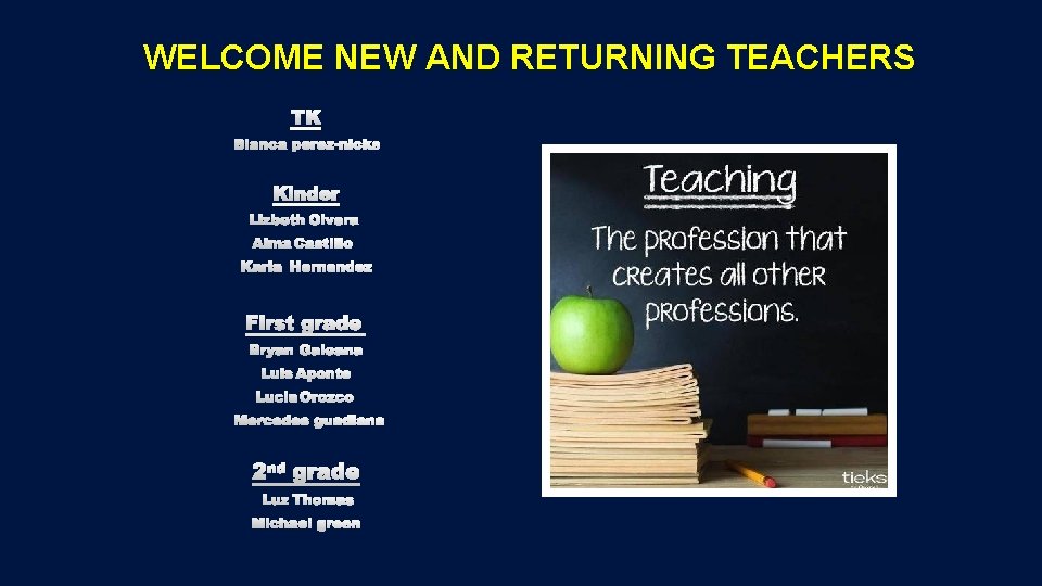 WELCOME NEW AND RETURNING TEACHERS TK KINDER FIRST 2 ND GRADE 