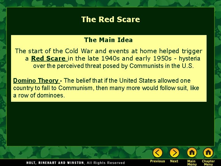 The Red Scare The Main Idea The start of the Cold War and events