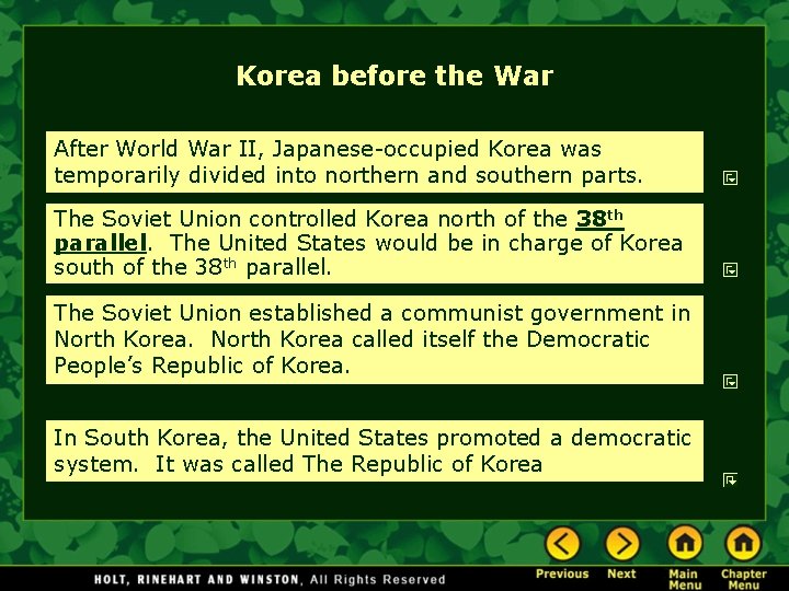 Korea before the War After World War II, Japanese-occupied Korea was temporarily divided into