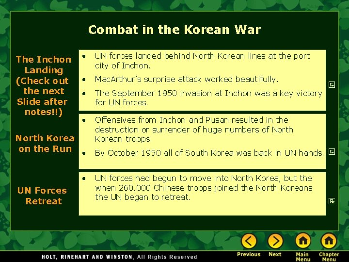 Combat in the Korean War The Inchon Landing (Check out the next Slide after