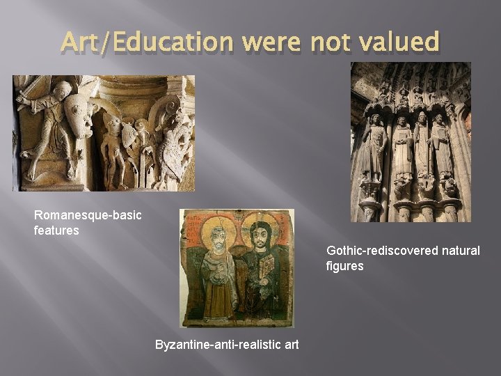 Art/Education were not valued Romanesque-basic features Gothic-rediscovered natural figures Byzantine-anti-realistic art 