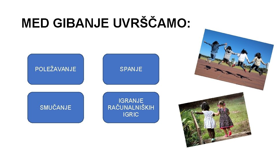 MED GIBANJE UVRŠČAMO: POLEŽAVANJE SPANJE SMUČANJE IGRANJE RAČUNALNIŠKIH IGRIC 