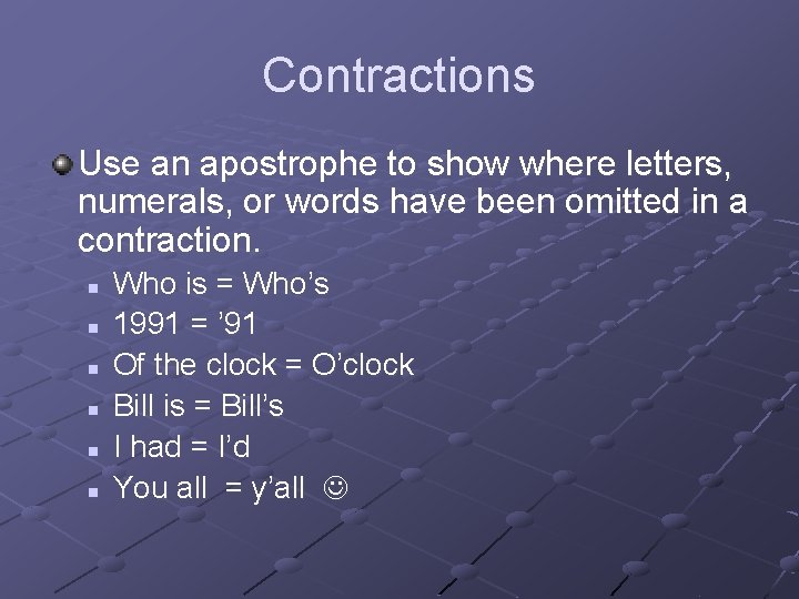 Contractions Use an apostrophe to show where letters, numerals, or words have been omitted