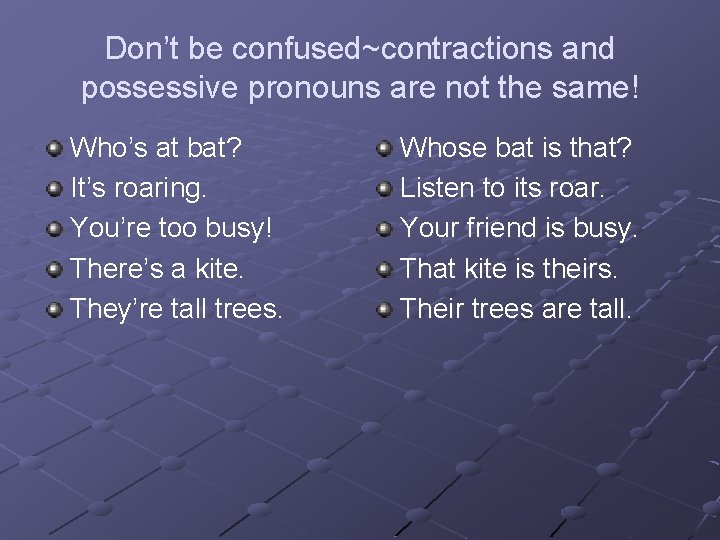 Don’t be confused~contractions and possessive pronouns are not the same! Who’s at bat? It’s