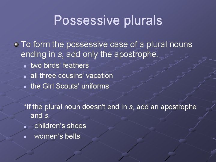 Possessive plurals To form the possessive case of a plural nouns ending in s,