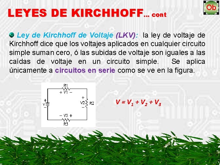 LEYES DE KIRCHHOFF… cont Ley de Kirchhoff de Voltaje (LKV): (LKV) la ley de