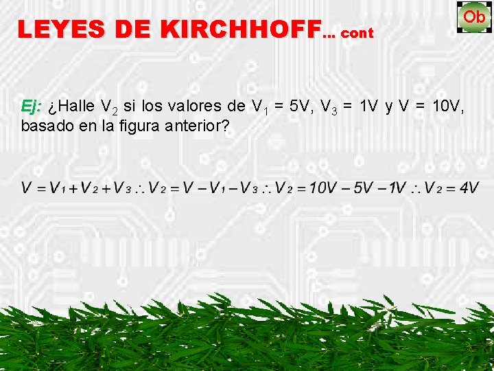 LEYES DE KIRCHHOFF… cont Ej: ¿Halle V Ej: 2 si los valores de V
