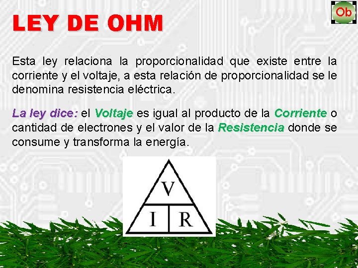 LEY DE OHM Esta ley relaciona la proporcionalidad que existe entre la corriente y