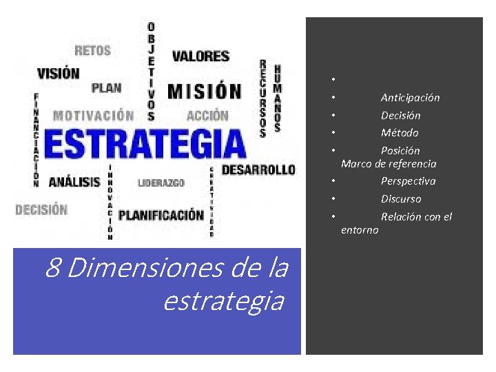  • • 8 Dimensiones de la estrategia Anticipación Decisión Método Posición Marco de