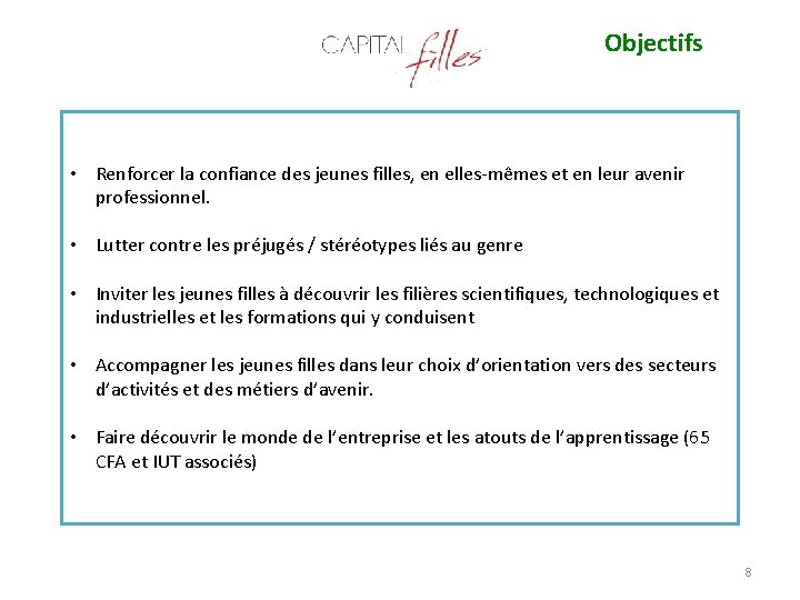 Objectifs • Renforcer la confiance des jeunes filles, en elles-mêmes et en leur avenir