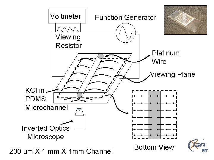 Voltmeter Function Generator Viewing Resistor Platinum Wire Viewing Plane KCl in PDMS Microchannel Inverted