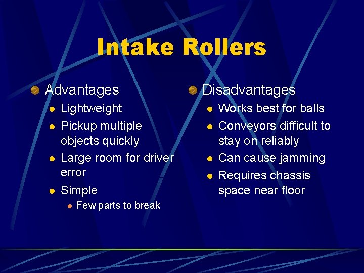 Intake Rollers Advantages l l Lightweight Pickup multiple objects quickly Large room for driver