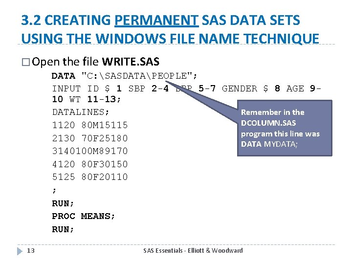 3. 2 CREATING PERMANENT SAS DATA SETS USING THE WINDOWS FILE NAME TECHNIQUE �