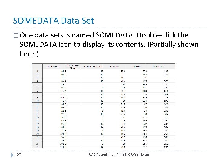 SOMEDATA Data Set � One data sets is named SOMEDATA. Double-click the SOMEDATA icon