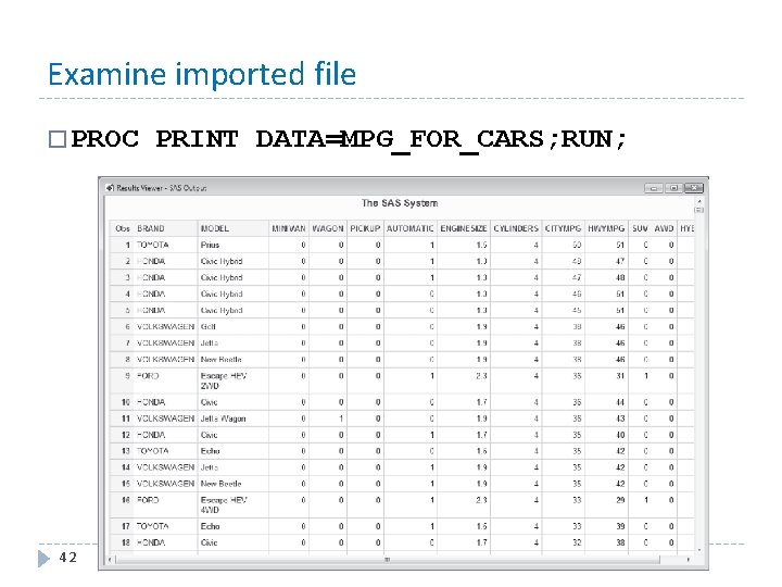 Examine imported file � PROC 42 PRINT DATA=MPG_FOR_CARS; RUN; SAS Essentials - Elliott &