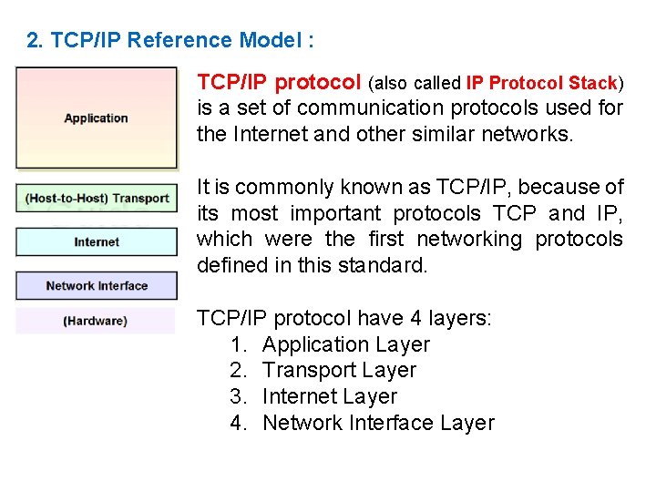 2. TCP/IP Reference Model : TCP/IP protocol (also called IP Protocol Stack) is a