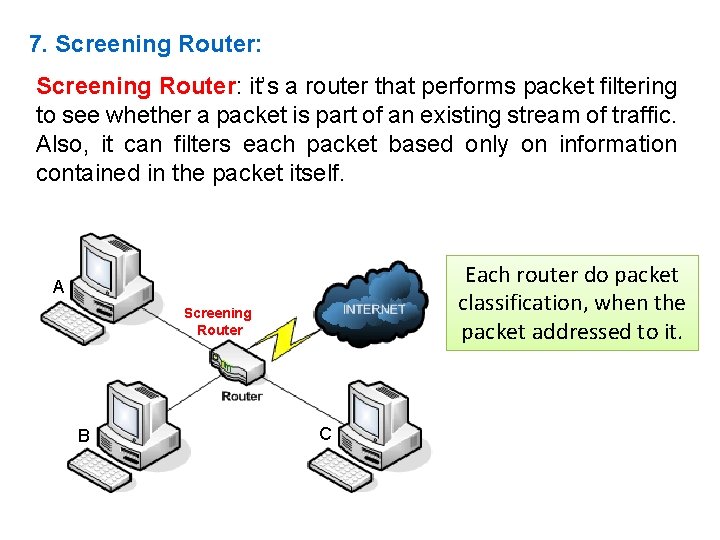 7. Screening Router: it’s a router that performs packet filtering to see whether a