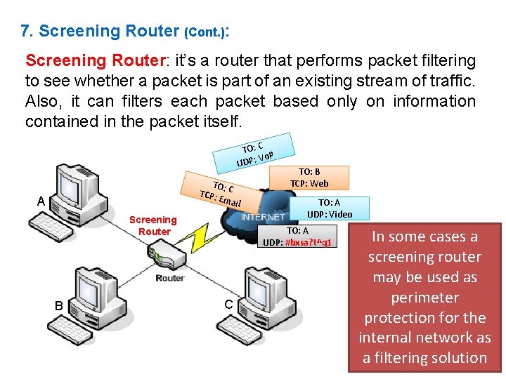 7. Screening Router (Cont. ): Screening Router: it’s a router that performs packet filtering