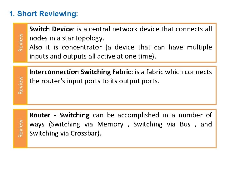 Review 1. Short Reviewing: Switch Device: is a central network device that connects all