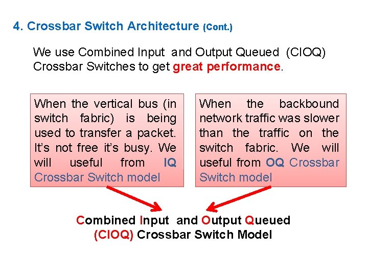 4. Crossbar Switch Architecture (Cont. ) We use Combined Input and Output Queued (CIOQ)