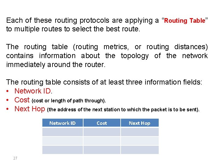 Each of these routing protocols are applying a “Routing Table” to multiple routes to