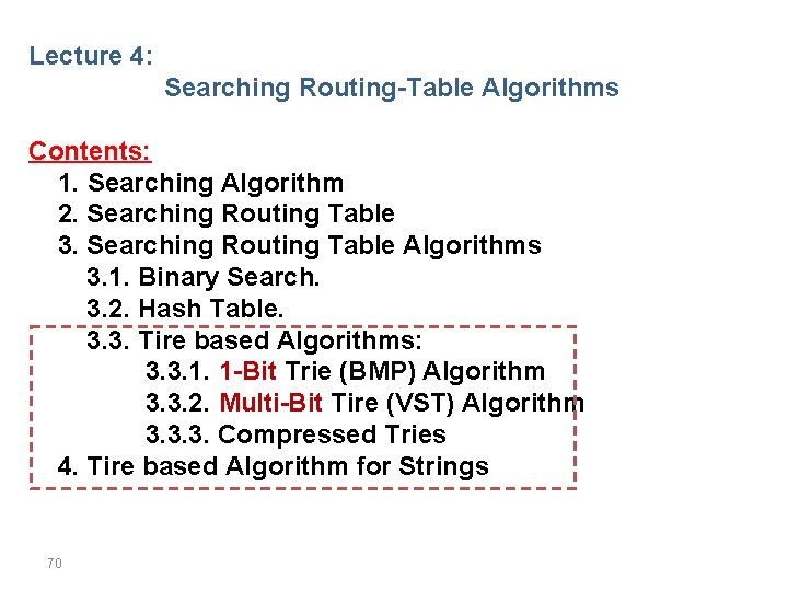 Lecture 4: Searching Routing-Table Algorithms Contents: 1. Searching Algorithm 2. Searching Routing Table 3.