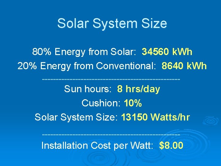 Solar System Size 80% Energy from Solar: 34560 k. Wh 20% Energy from Conventional: