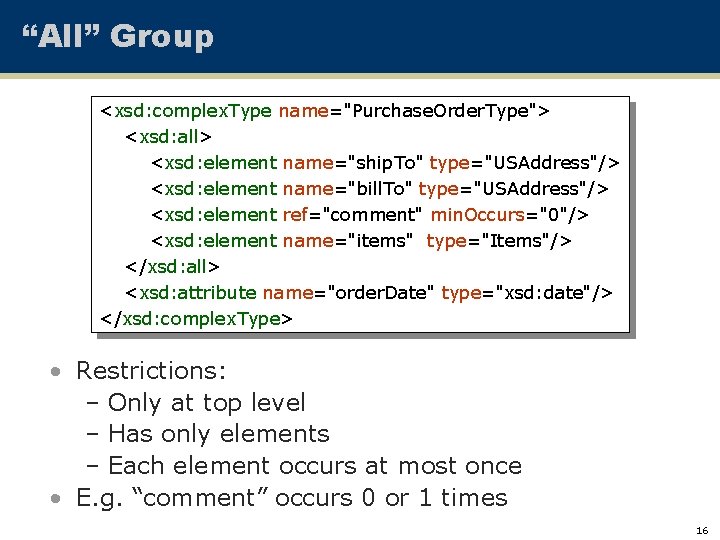 “All” Group <xsd: complex. Type name="Purchase. Order. Type"> <xsd: all> <xsd: element name="ship. To"