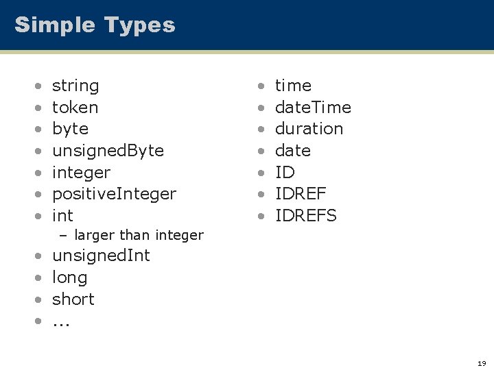 Simple Types • • string token byte unsigned. Byte integer positive. Integer int •