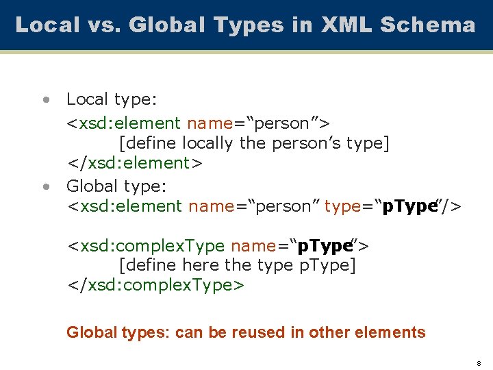 Local vs. Global Types in XML Schema • Local type: <xsd: element name=“person”> [define