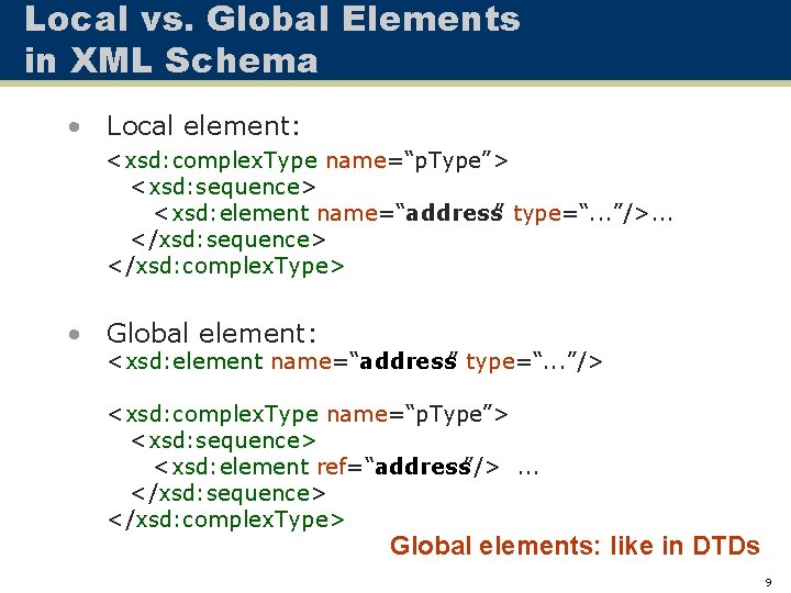 Local vs. Global Elements in XML Schema • Local element: <xsd: complex. Type name=“p.