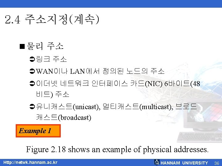 2. 4 주소지정(계속) <물리 주소 Ü링크 주소 ÜWAN이나 LAN에서 정의된 노드의 주소 Ü이더넷 네트워크