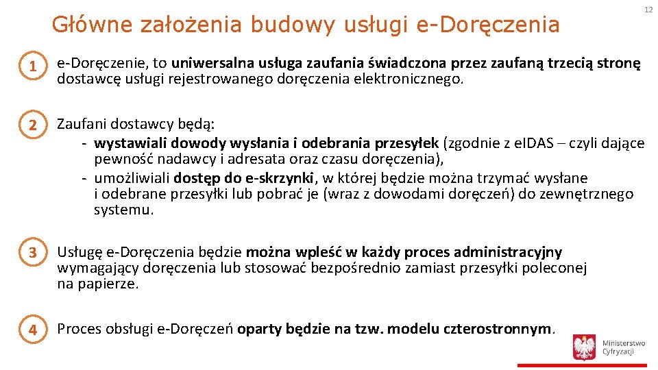 Główne założenia budowy usługi e-Doręczenia 12 1 e-Doręczenie, to uniwersalna usługa zaufania świadczona przez