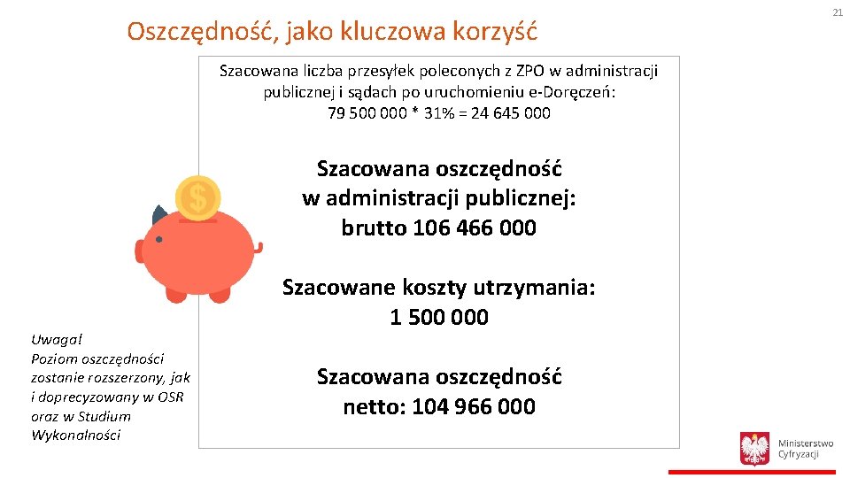 Oszczędność, jako kluczowa korzyść Szacowana liczba przesyłek poleconych z ZPO w administracji publicznej i