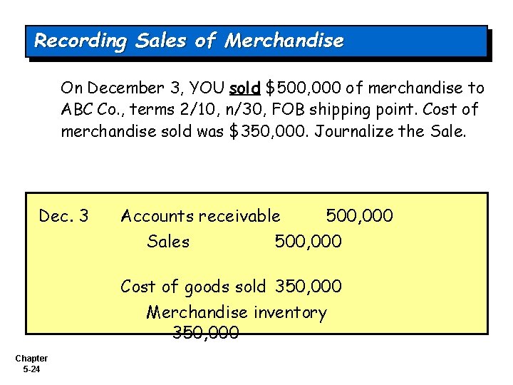 Recording Sales of Merchandise On December 3, YOU sold $500, 000 of merchandise to