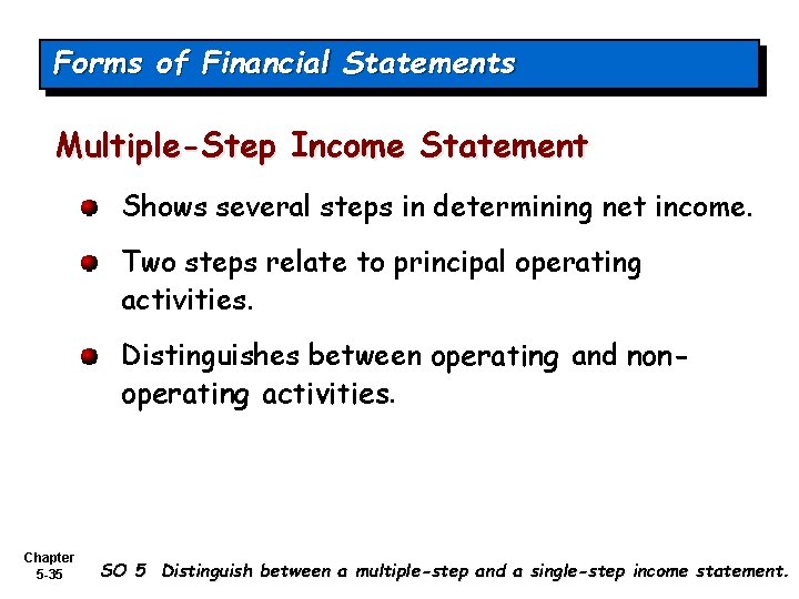 Forms of Financial Statements Multiple-Step Income Statement Shows several steps in determining net income.
