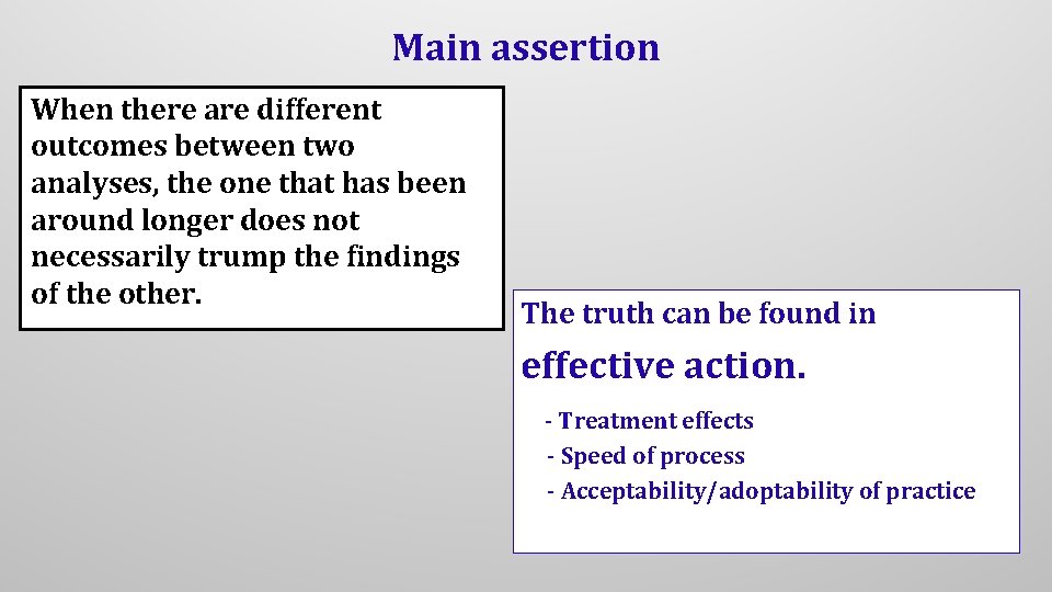 Main assertion When there are different outcomes between two analyses, the one that has