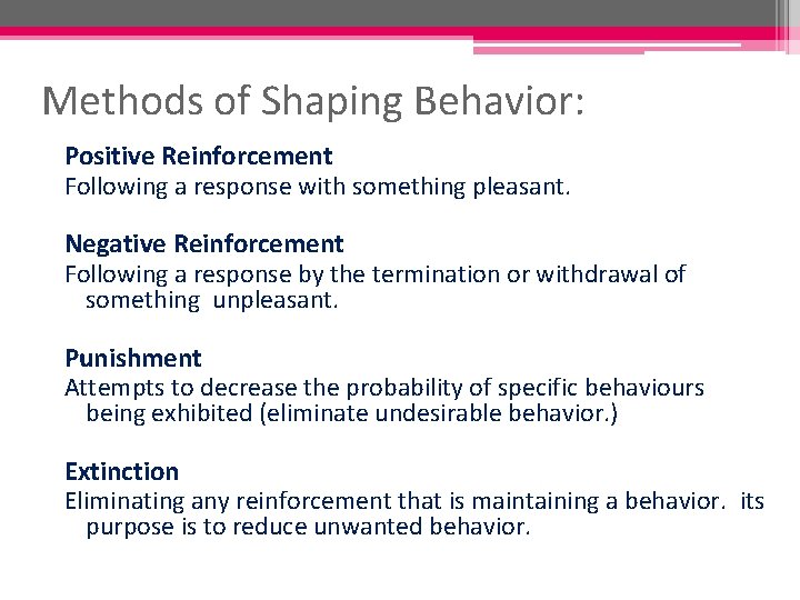 Methods of Shaping Behavior: Positive Reinforcement Following a response with something pleasant. Negative Reinforcement