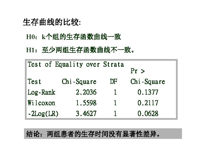 生存曲线的比较: H 0：k个组的生存函数曲线一致 H 1：至少两组生存函数曲线不一致。 Test of Equality over Strata Test Pr > Chi-Square