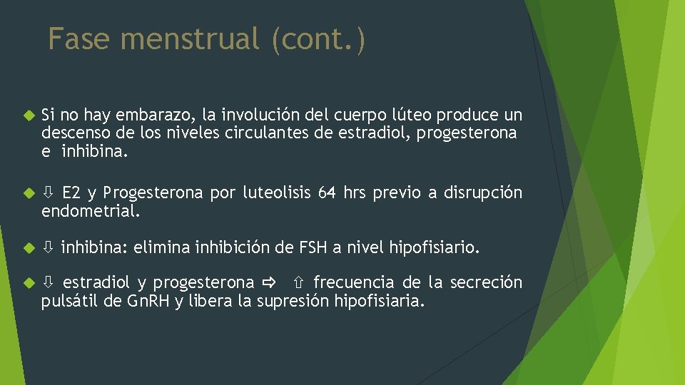Fase menstrual (cont. ) Si no hay embarazo, la involución del cuerpo lúteo produce