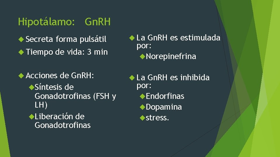 Hipotálamo: Gn. RH Secreta forma pulsátil Tiempo de vida: 3 min Acciones de Gn.