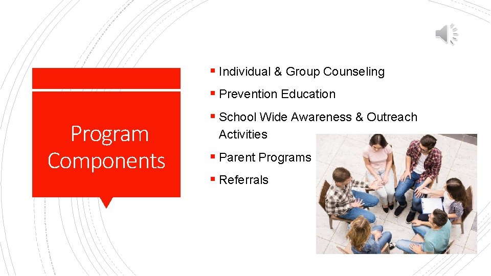 § Individual & Group Counseling § Prevention Education Program Components § School Wide Awareness